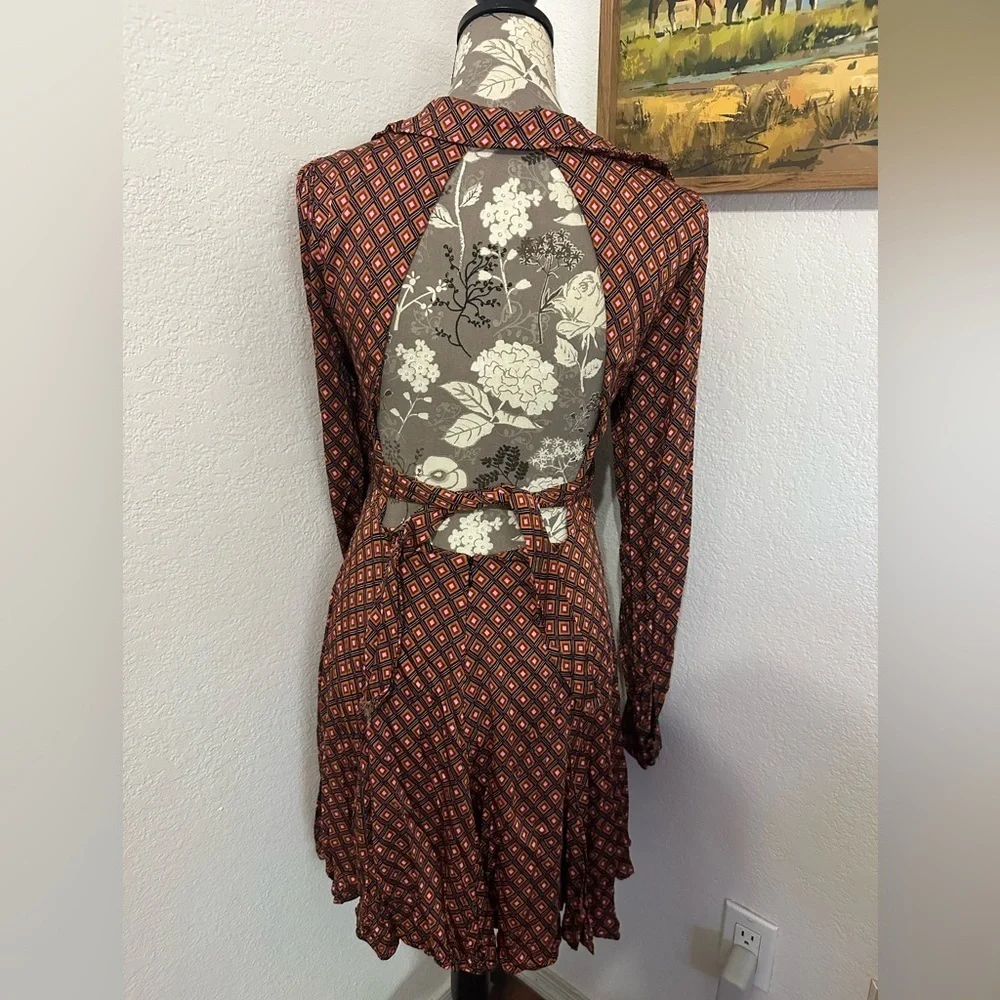 Free People It Takes Two Sleeve Mini Dress in Night Combo - Brown & Red- Sz Sm - Picture 3 of 7